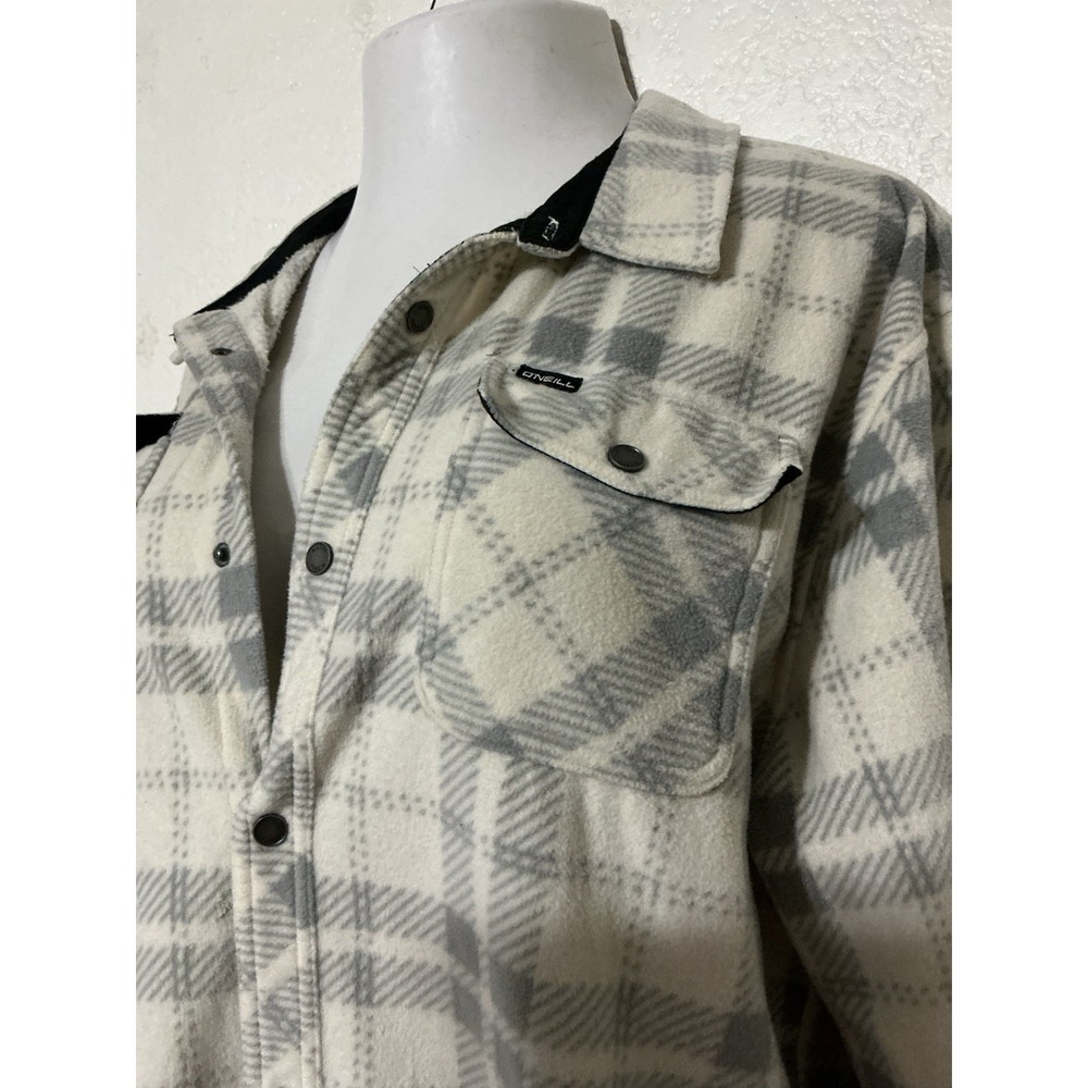 Men's O'Neill Plaid Flannel Shirt Jacket Gray White Snap Button Size XL - Picture 2 of 7